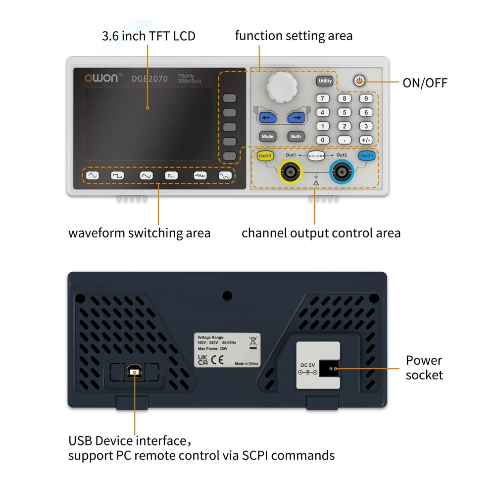 OWON DGE2070 Arbitrary Waveform Signal Generator 2 Channels 70MHz 300MSa/s 14Bits Vertical Resolution 3.6\