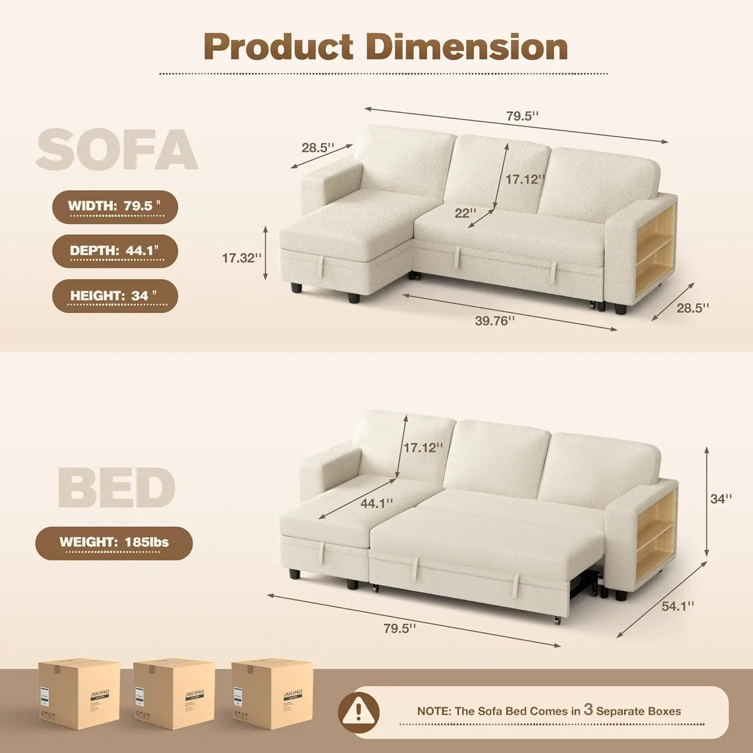 YESHOMY L-Shaped Sofa Bed Convertible Sectional Couch for Living Room with Pull Out Sleeper, Storage Chaise &2Built-in Bookcases