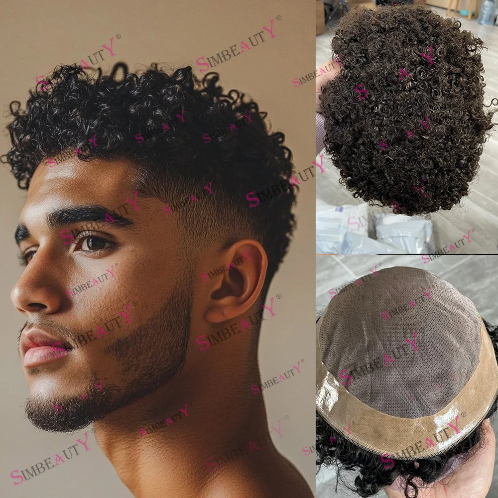 10mm Afro Kinky Curly Male Weave Unit Toupets 100% Human Hair Wig Breathable Fine Mono&NPU Toupee Capillary Prosthesis System