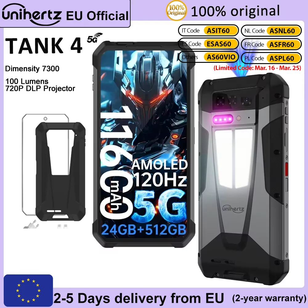 Unihertz par 8849 Tank 4 Smartphone 5G int�gr� 720P projecteur t�l�phone 24GB RAM 512GB ROM 11600mAh dimension 7300 AMOLED Android 14