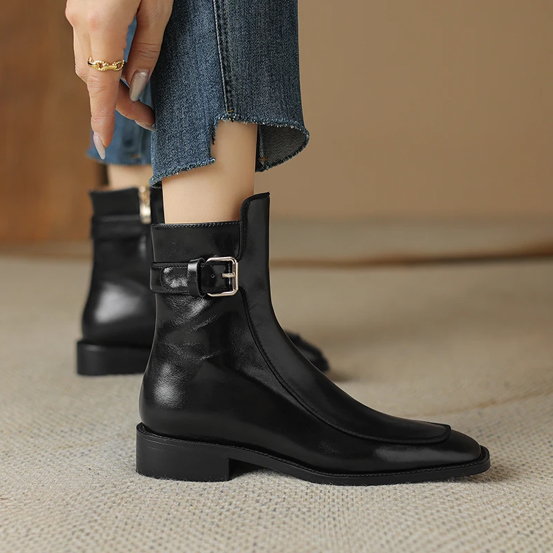 2026 new autumn winter women ankle boots 22-25cm cowhide+pigskin/plush square toe buckle side zip women short boots fashion