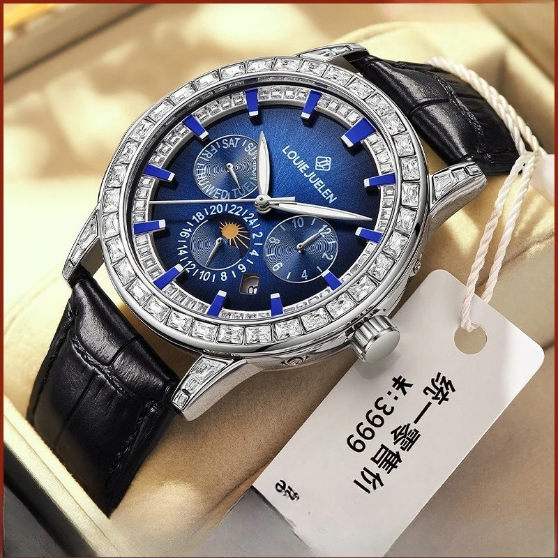 

Stainless Steel New Full Diamond Six-Hands Moonphase Luminous Waterproof Genuine Leather Automatic Watch for Men