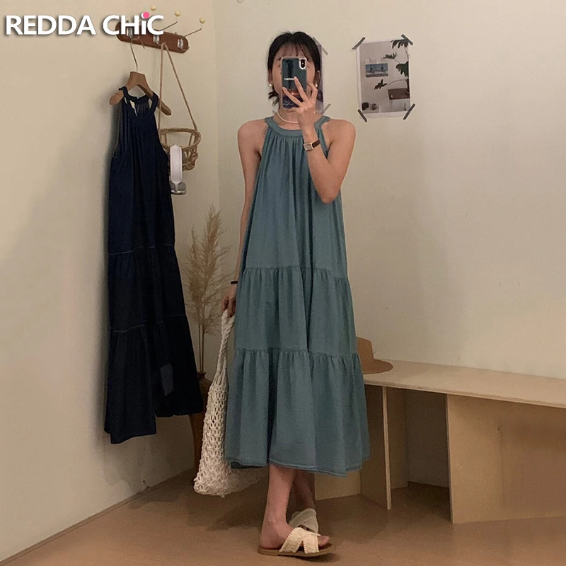 ReddaChic Women Halter Denim Long Dress Summer Vintage Wash Sleeveless Patchwork Ruffle A-line Sundress Casual Korean Clothes