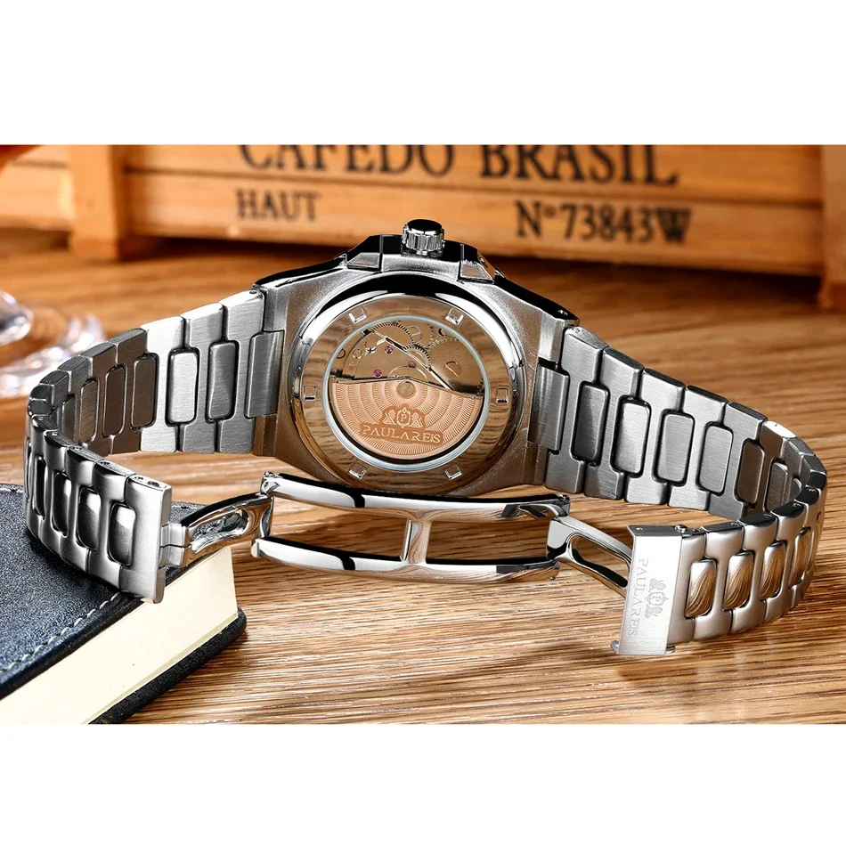 Orologi automatici da uomo meccanici a carica automatica luminosi in acciaio inossidabile blu grigio caffè semplice business