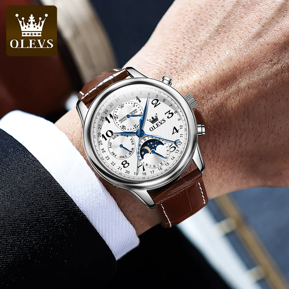 OLEVS-Montres Originales pour Homme, Étanche, Phase de Lune, Bracelet en Cuir, Entièrement existent, Mécanique, Échelle Numérique, Montre d'Affaires