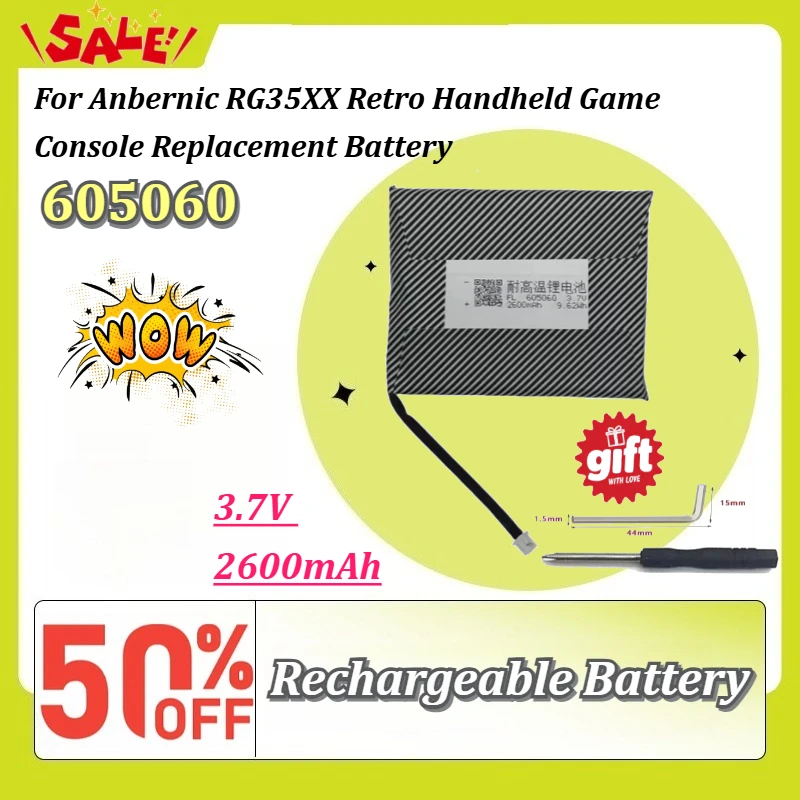 New 605060 3.7V 2600mAh Li-Polymer Rechargeable Battery For Anbernic RG35XX Retro Handheld Game Console Replacement Battery