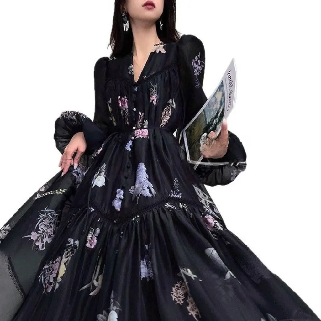 Australian Chiffon Swing Skirt Dress for Women Printed Girly Summer Lace Loose Doll Princess Style