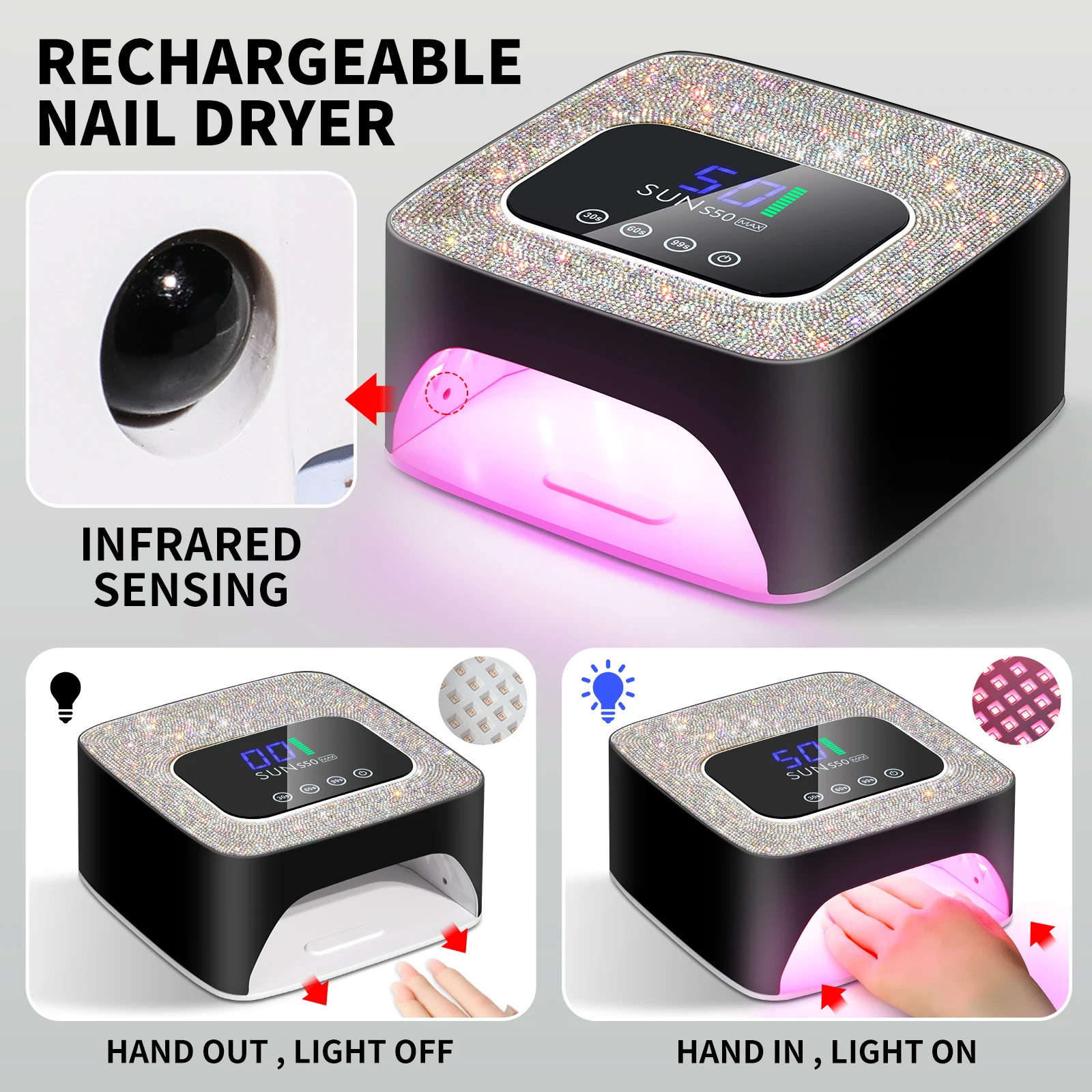 SUN S50 UV LED مجفف الأظافر قابلة للشحن 57 LED حبيبات مصباح مستديرة متفاوتة الأحجام مسمار مصباح المهنية علاج جميع هلام طلاء الأظافر علاج أدوات المصباح