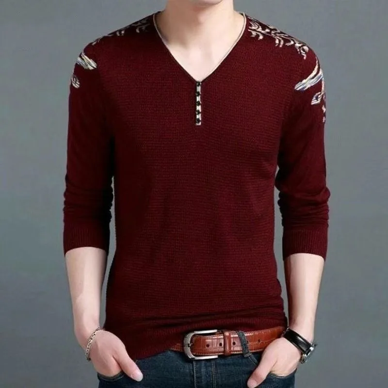 2023 Spring and Autumn Men\'s Pullover V-neck Button Printed Casual Fashion Elegant Commuter Long sleeved Knitted Bottom Shirt