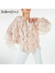 TWOTWINSTYLE Solid Patchwork Ruffles Blouse For Women Round Neck Long Sleeve Spliced Button Loose Elegant Shirts Female Style