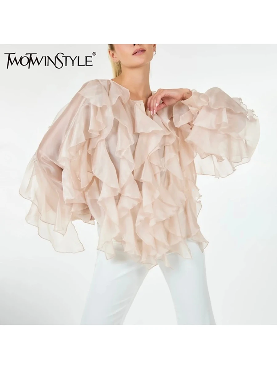 TWOTWINSTYLE Solidna patchworkowa bluzka z falbankami dla kobiet Okrągły dekolt Długi rękaw Spliced Button Luźne eleganckie koszule w stylu kobiecym