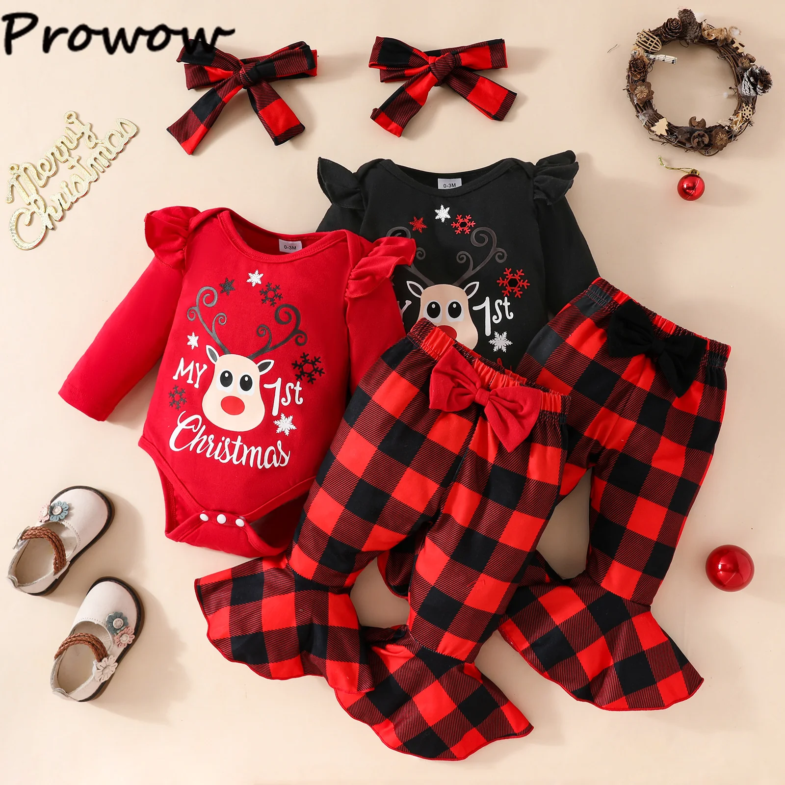 

Prowow My First Christmas Baby Girl Clothes Sets 3pcs Deer Romper+Red Plaid Pants+Headband Baby Girl Christmas Outfits New Year