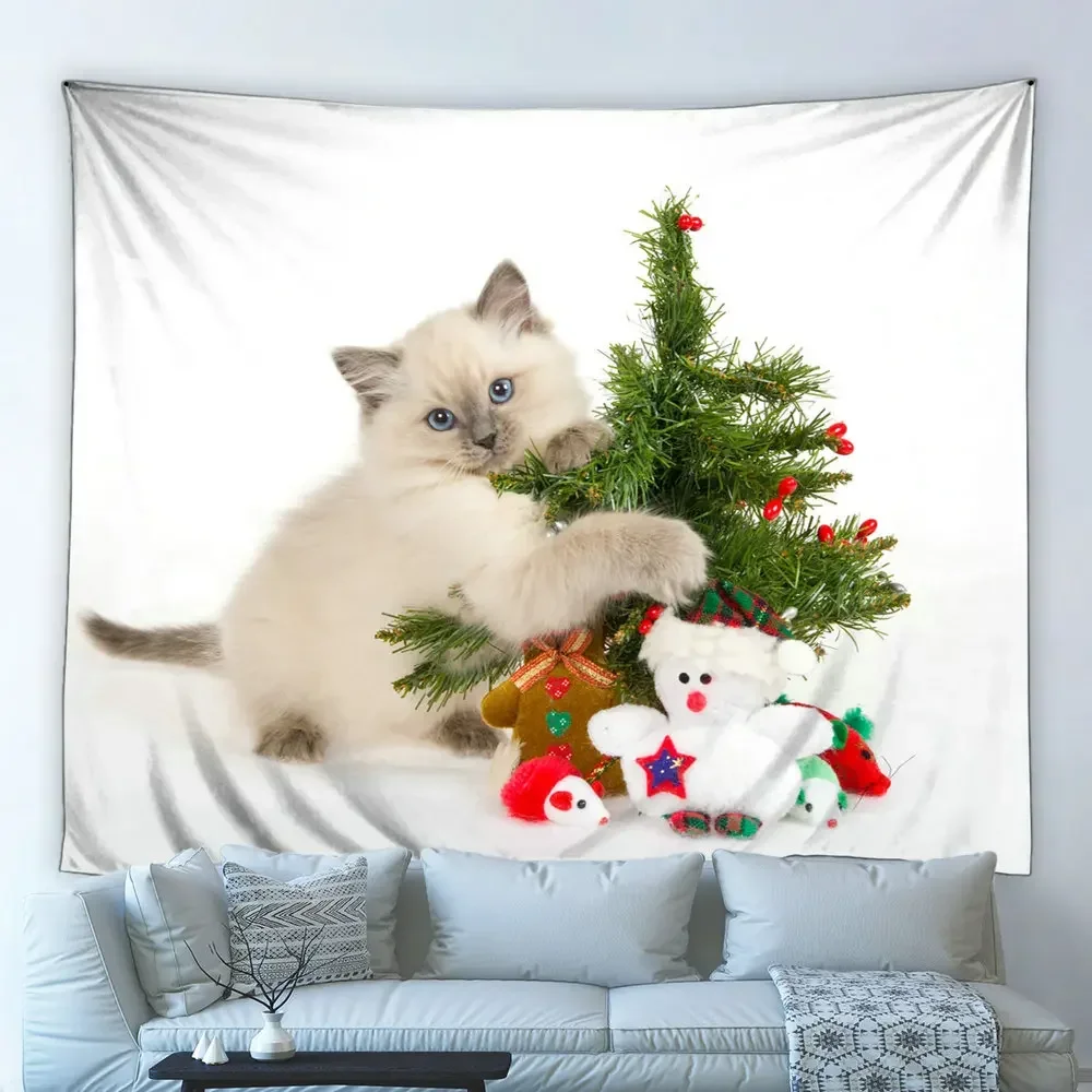 Merry Christmas Big Tapestry Cats and Dogs Fun Pet Animals Holiday Party Gifts Background Wall Hanging Cloth Bedroom Home Decor