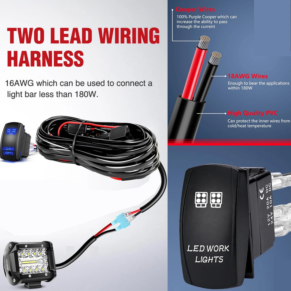 LED Lichtbalk Bedradingset 14AWG Heavy Duty 12V 5-pins Rocker Laser Aan/Uit Schakelaar Stroomrelais Bladzekering - zonder verlichting