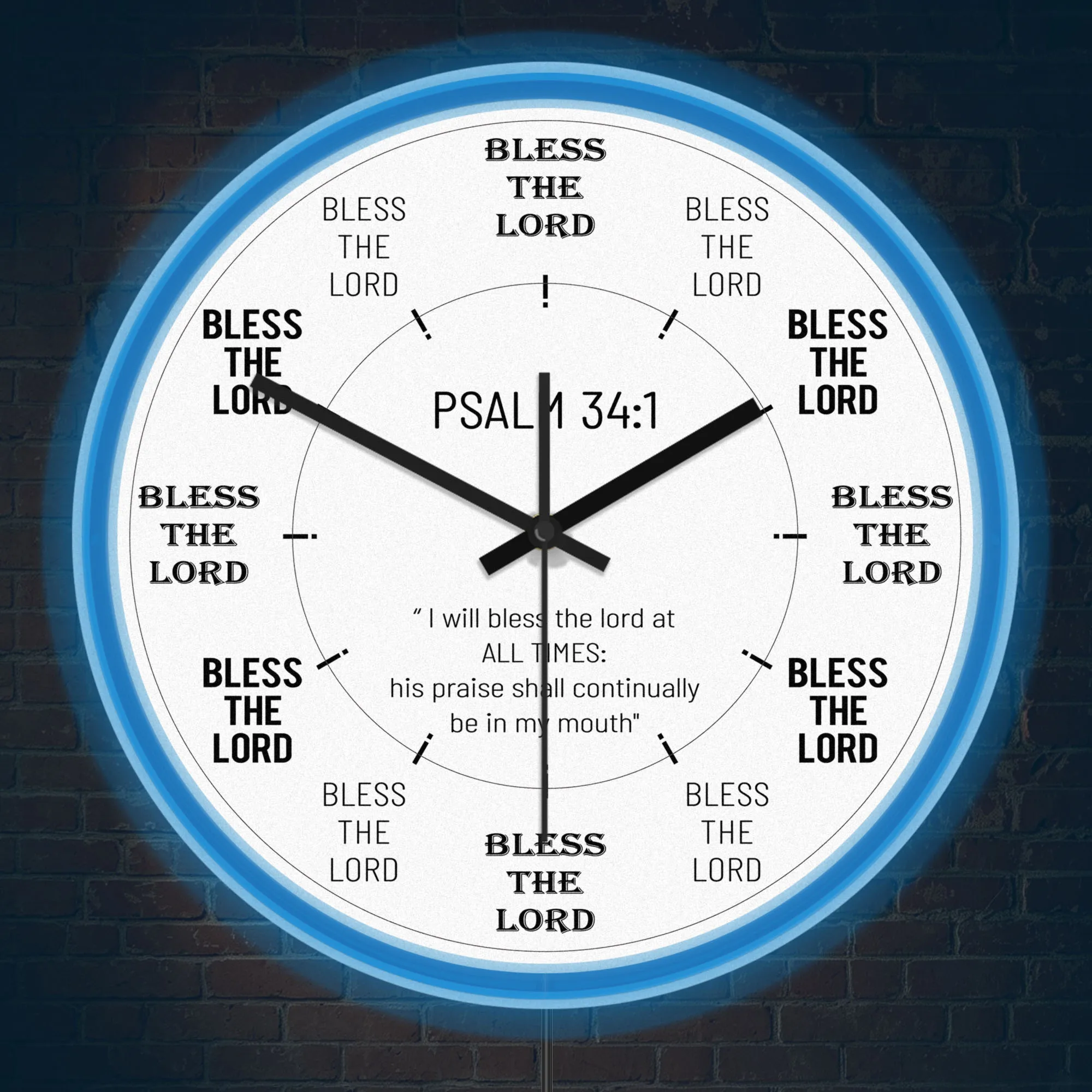 Psalm 34:1 Bless The Lord Bible Verse Silent Quartz Wall Clock with Neon Light For Chapel Prayer Room Religious Faith Lover Gift