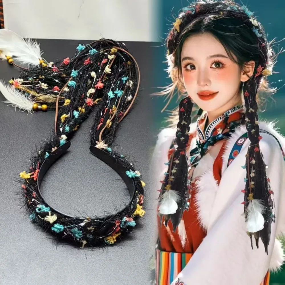 

Boho Style Chinese Tibetan Hairband Long Tassel Colorful Ribbon Ethnic Hair Hoop 55CM Weaving Ponytail Extensions Headpiece