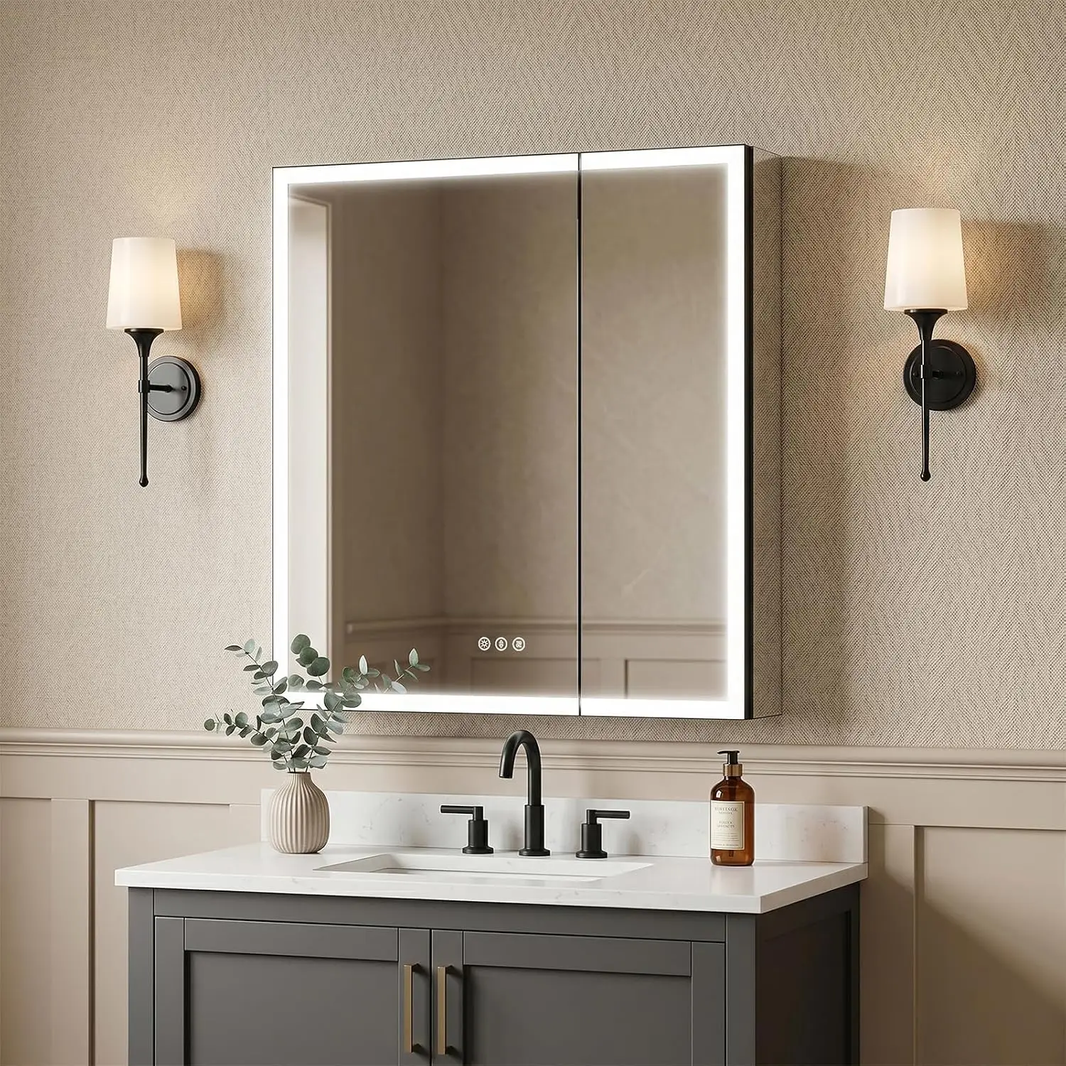 30x32 Black Lighted Medicine Cabinet with Mirror, AL Alloy Frame, Plug-in or Hardwired, Recessed or Wall Mount, Anti-Fog