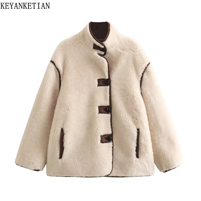 KEYANKETIAN Winter New Women's Fake Fur Fleece Jacket Leisure style Stand collar Single Breasted Loose Thick Warm Greatcoat Top