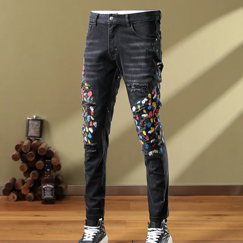 2023 Men Colorful Splash Ink Trousers Slim Fit Jean High Street Hip Hop Jeans Skinny Jeans For Men Motorcycle Pants Jean Pant