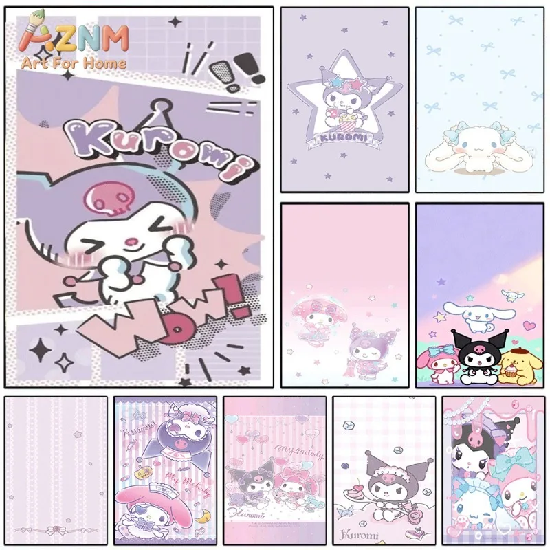 Cuadro de pared de lienzo con diseño de cómic de estilo pop art de Sanrio Kuromi, sin marco, con un adorable personaje de dibujos animados, el texto «Wow», estrellas y colores pastel, ideal para decorar la pared de la habitación de los niños.