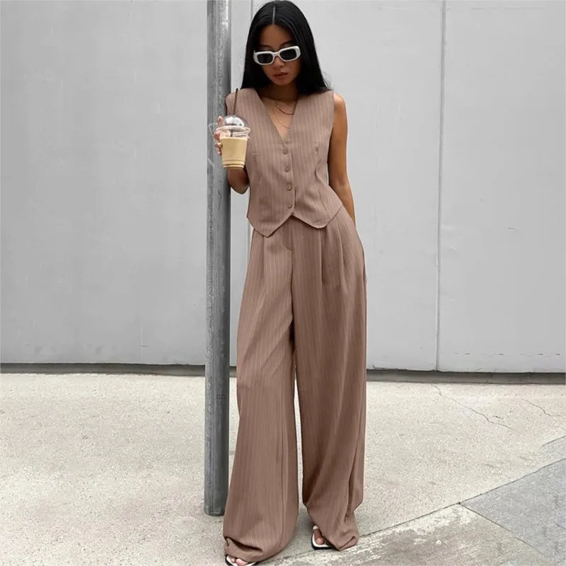 

Женские модные комплекты из двух предметов в полоску с принтом, летний жилет без рукавов, топ, широкие брюки, костюм, элегантные офисные женские брюки, наряды