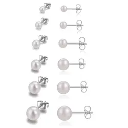 WKOUD Brief Style Titanium Steel With ABS imitation Pearl Pearls Stud Earrings 3mm to 8mm No Fade Allergy Free