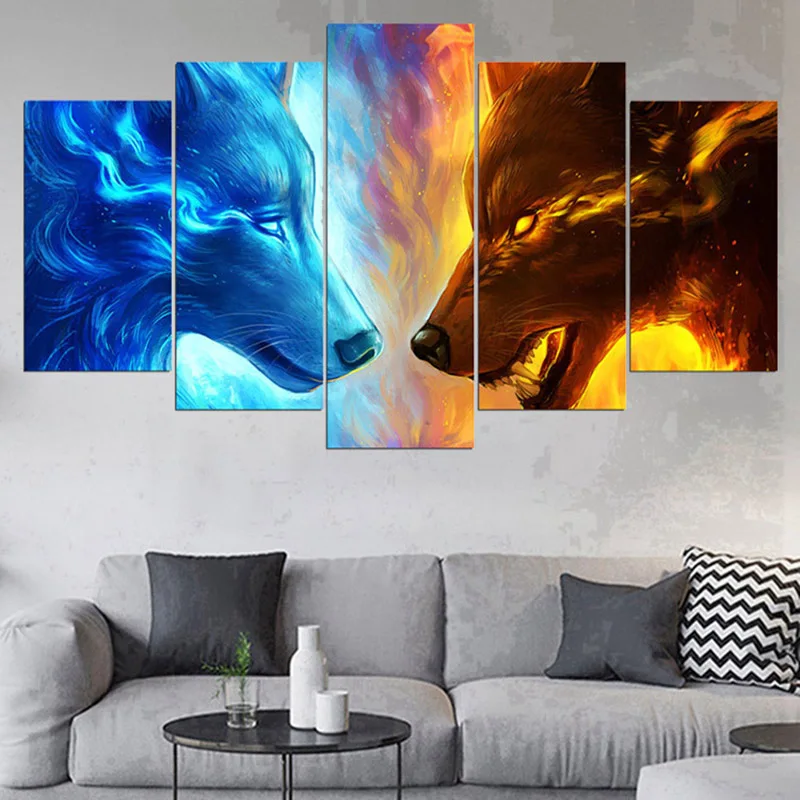 

Canvas Wall Art for Living Room Animal Poster Painting and Print Fire and Water Wolf Wallpaper Decorative Frame Artwork 5 Panels