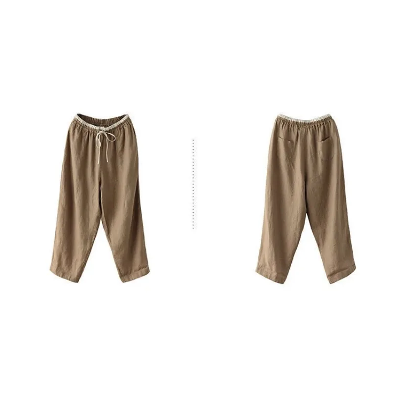 Calça reta de cintura alta elástica feminina, retalho de linho algodão, calcinha solta, cordão, moda coreana, verão