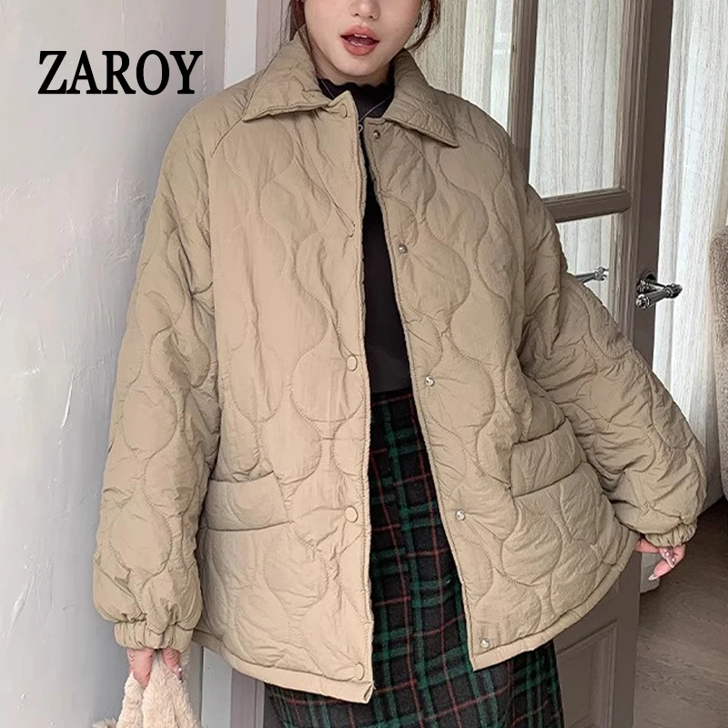 

ZAROY Women Coat Winter Warm Wool Rhombus Cotton-padded Jacket Korea Solid Parka Casual Loose Oversized Outerwear куртка