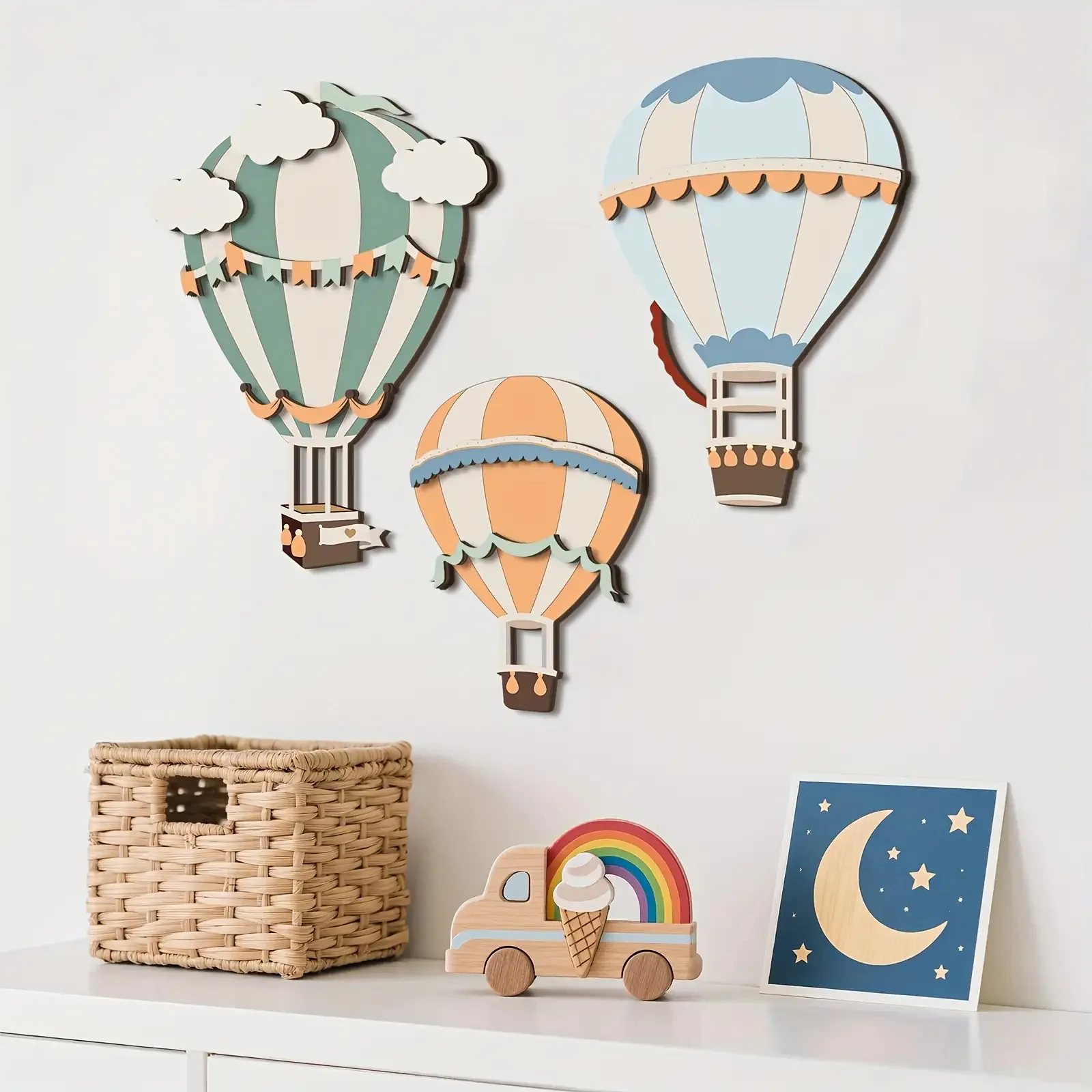 3D Cute Colorful Hot Air Balloon Wooden Wall Decoration Set, Adding a Dreamy and Warm Feeling to the Room Space, Home Decor Wall Stickers, Can Be Used as a Holiday Gift! view 4