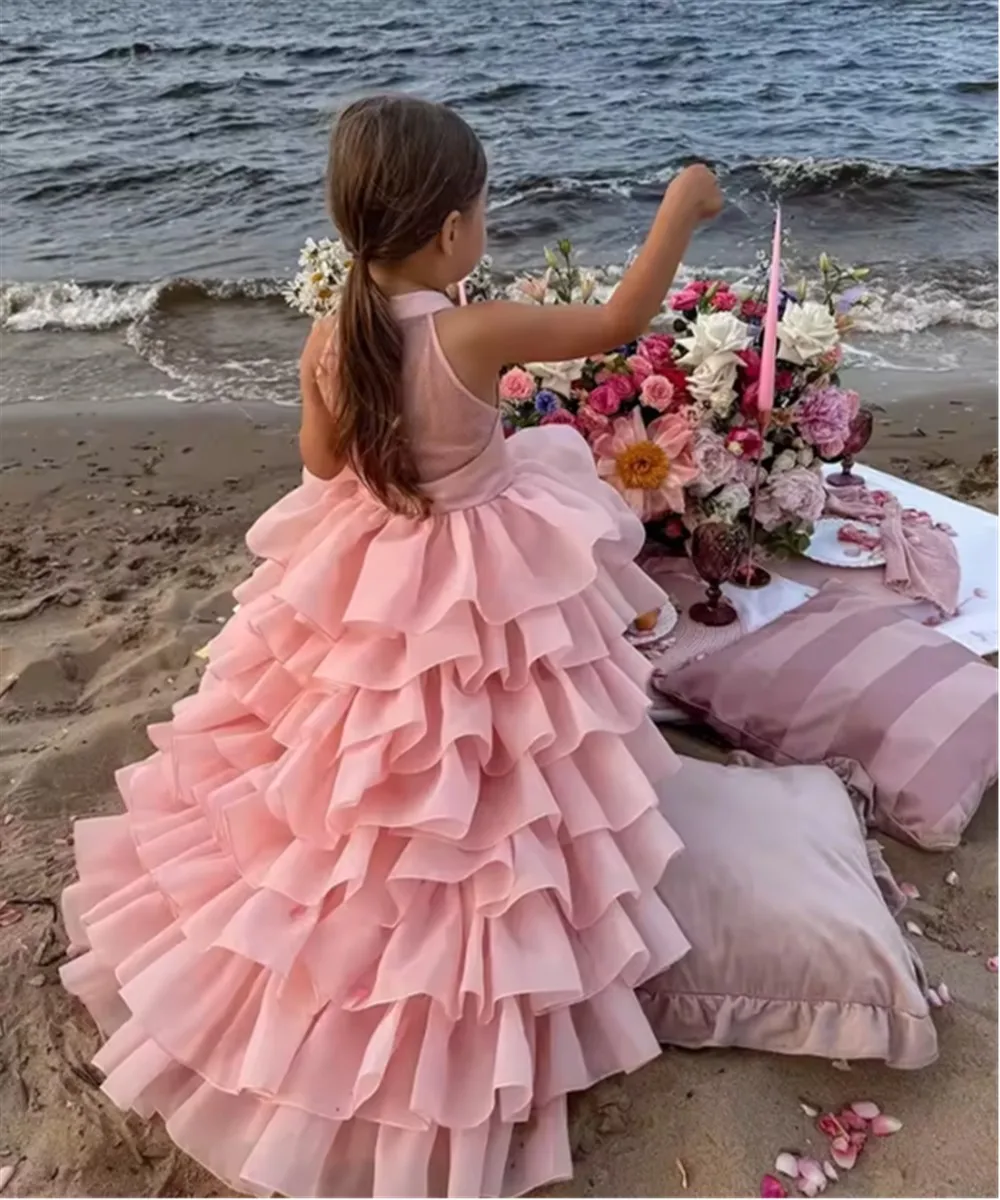 

Luxury Sleeveless Flower Girl Dress For Wedding Pink Layered Ruffles Child Birthday Party Dress Holy Communion Gown Customized