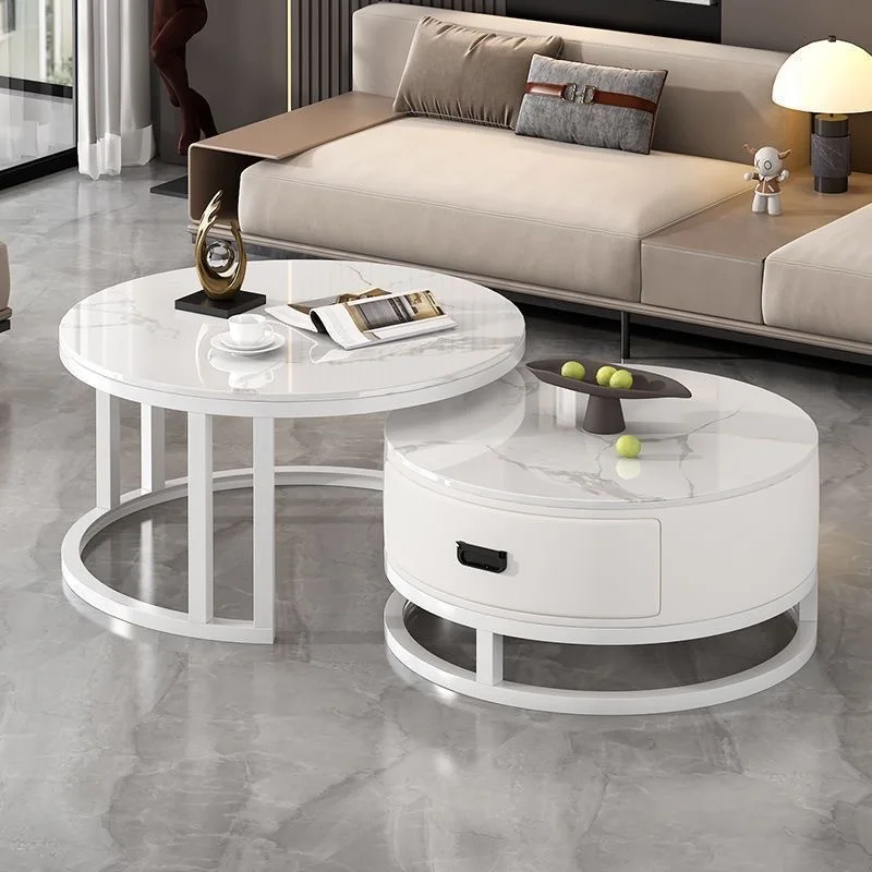 Italian style round rock slab advanced coffee table, small apartment living room home, modern simple and light luxury