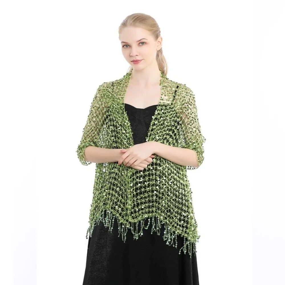 Ladies Elegant Sparkle Sequin Fringe Scarf Formal Wrap Glitter Shawl Hollow Out Vintage Boho Headscarf Party