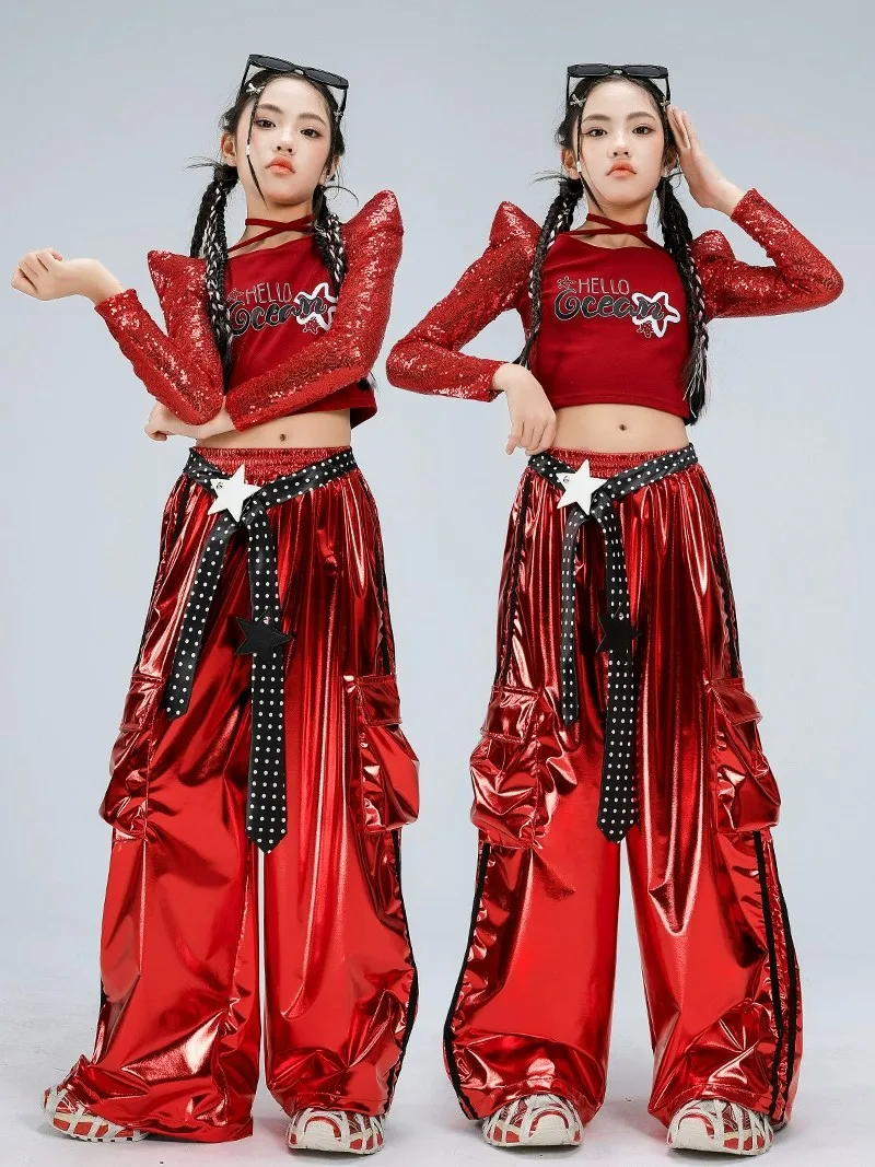 

Girls' Jazz Dance Performance Outfit Red Sequin High oulder Belly Bearing Set Children's Faion ow Costume Stage Perform...