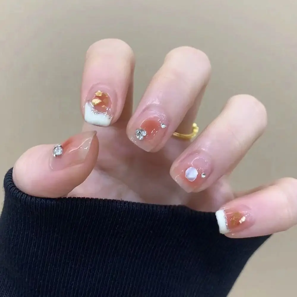 ファッションショートラウンド付け爪ブルースパークリングパール付け爪フルカバーラブハートネイルのヒントサロン用