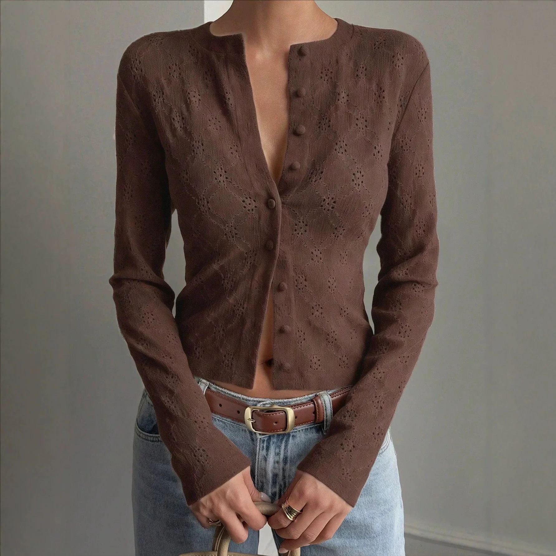 New Women's Single Breasted Cropped Jacket Casual Commuter Elegant Trendy Comfortable Versatile Hollow Out Long Sleeve Outerwear