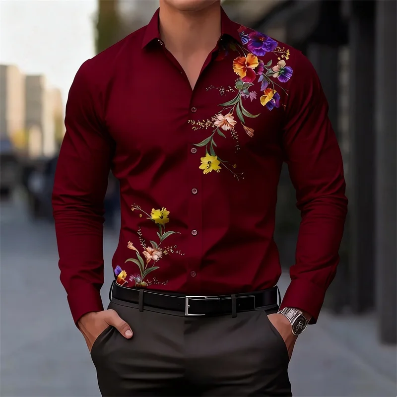 

Men's 3D Flower Graphic Long Sleeve Shirt Fashion Creative Design Button Lapel Clothes Autumn Winter Business Casual Street Wear
