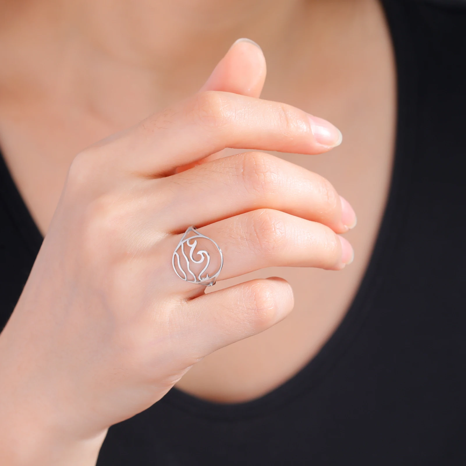 Lucktune Einfache Meereswellen-Ringe für Frauen, Edelstahl, trendige geometrische Ozean-Surf-Fingerringe, Schmuck, Hochzeit, Muttergeschenke – Detail 12