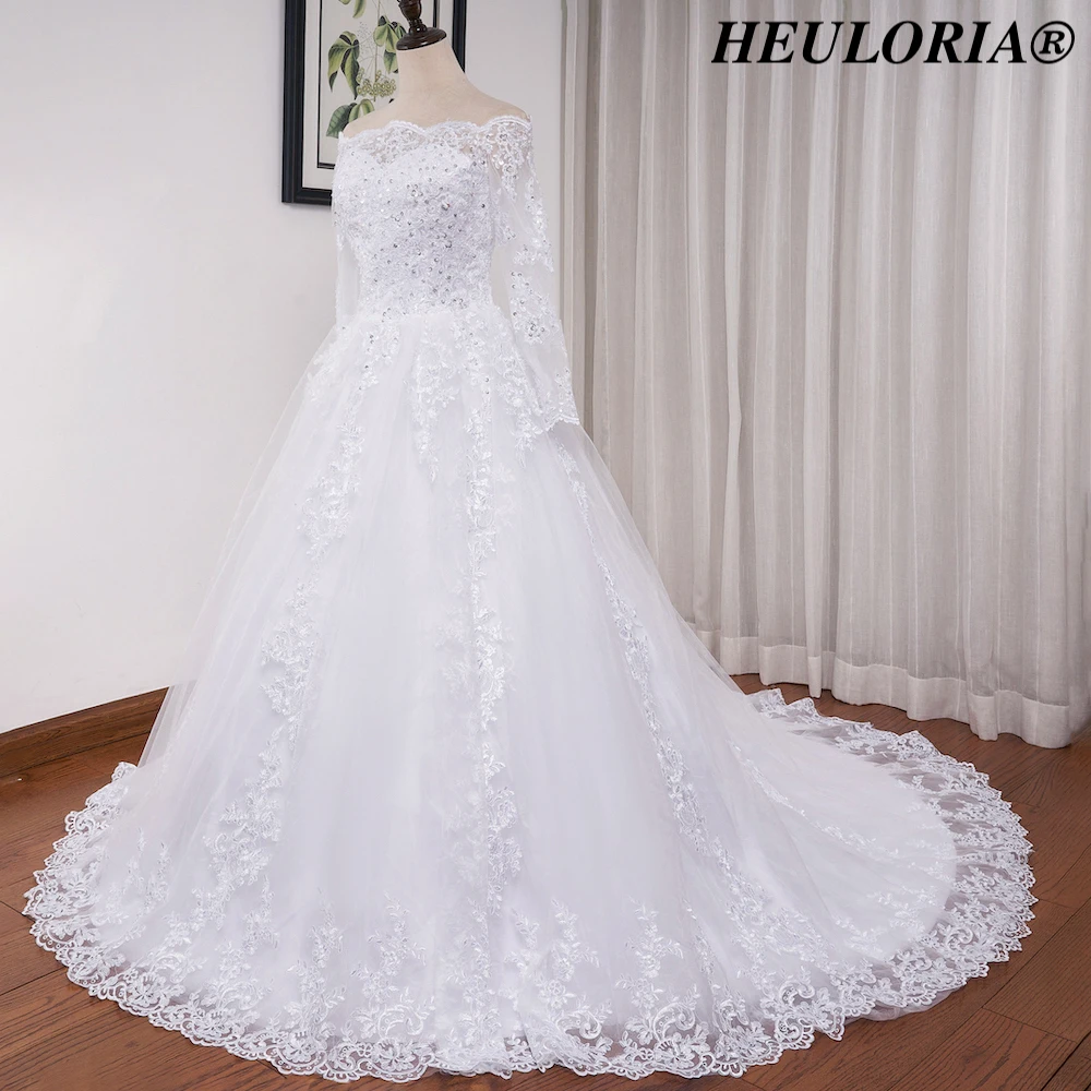 HEUIA LORIA-Vestido De Noiva De Cristal, Ombro Fora, Manga Longa, Vestido De Baile Plus Size, Princesa Noiva, Trem Da Corte