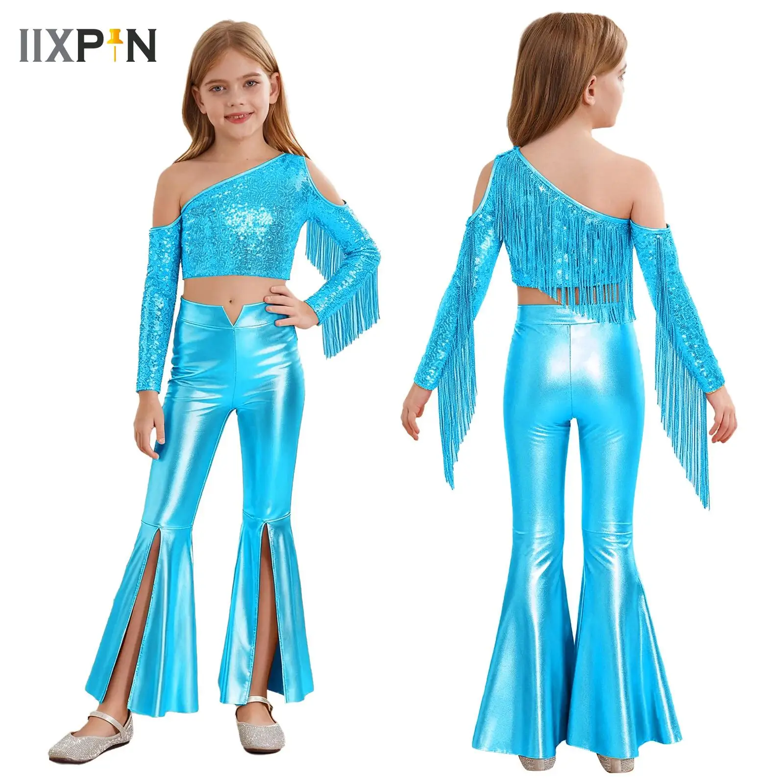 

Kids Girls Jazz Dance Set One Shoulder Sequin Top And Split Bell Bottom Pants Disco Dance Costume for Belly Dance Performance