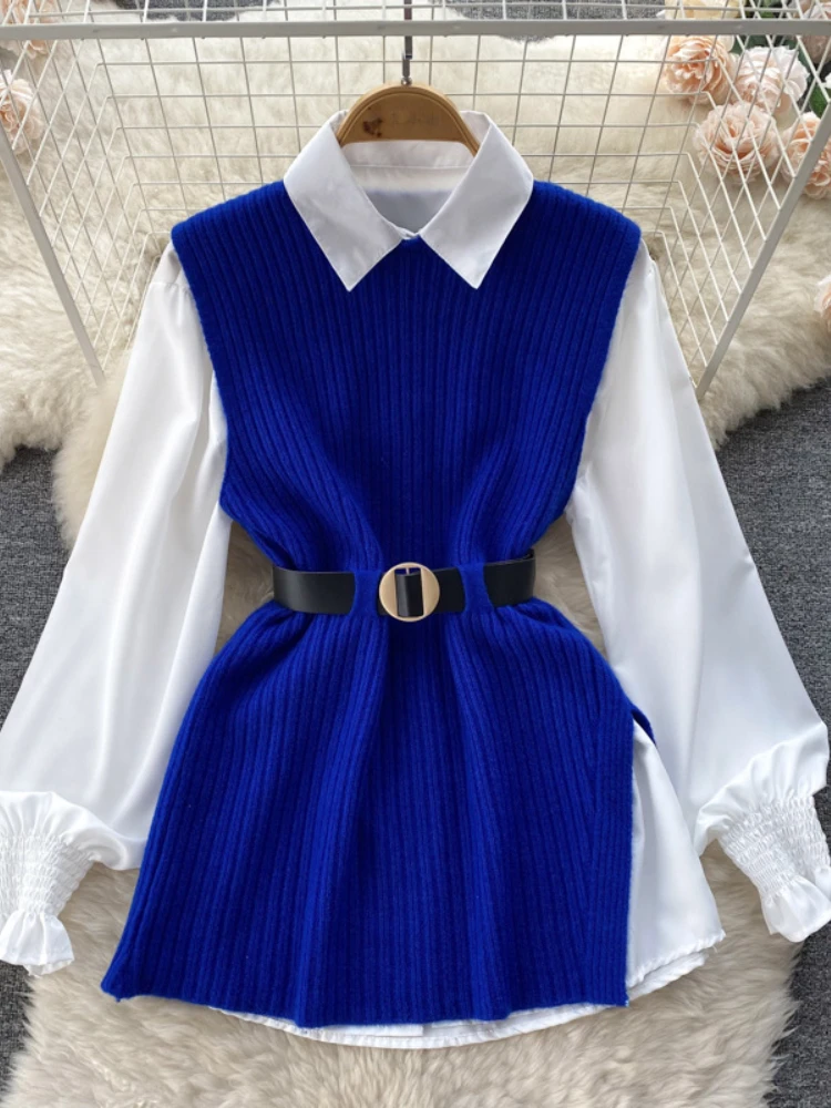 Luxury Ladies Dress Set Women's Loose Long-sleeved White Shirt Top + Slit Knitted Vest Vest Two-piece Set