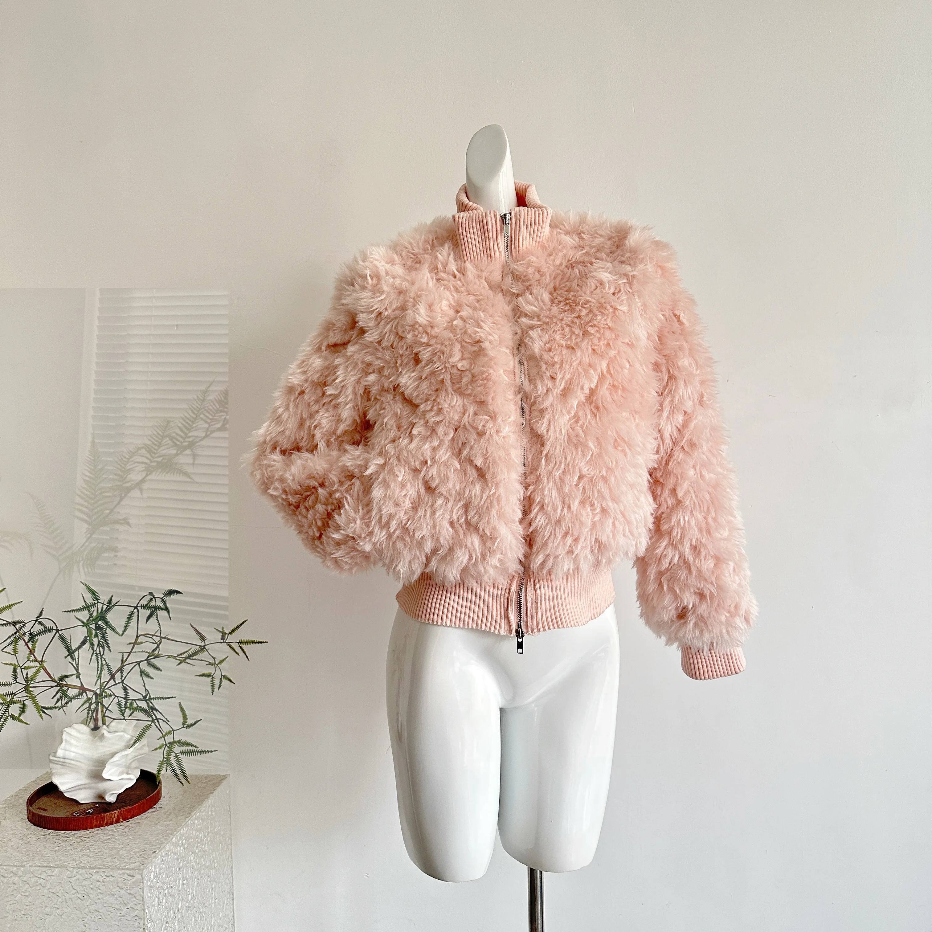 سترة نسائية للخريف والشتاء من الصوف الصناعي بسحاب دافئ ملابس خروج نسائية بأكمام طويلة منفوش من الفرو الصناعي ملابس خارجية