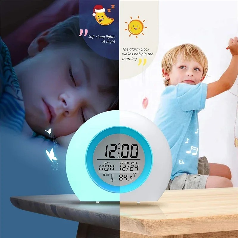 Kids Digital Alarm Clock 7 Color Night Light Snooze Temperature Detect Children Sleep Bedside Cute Wake Up Timer Alarm Clock