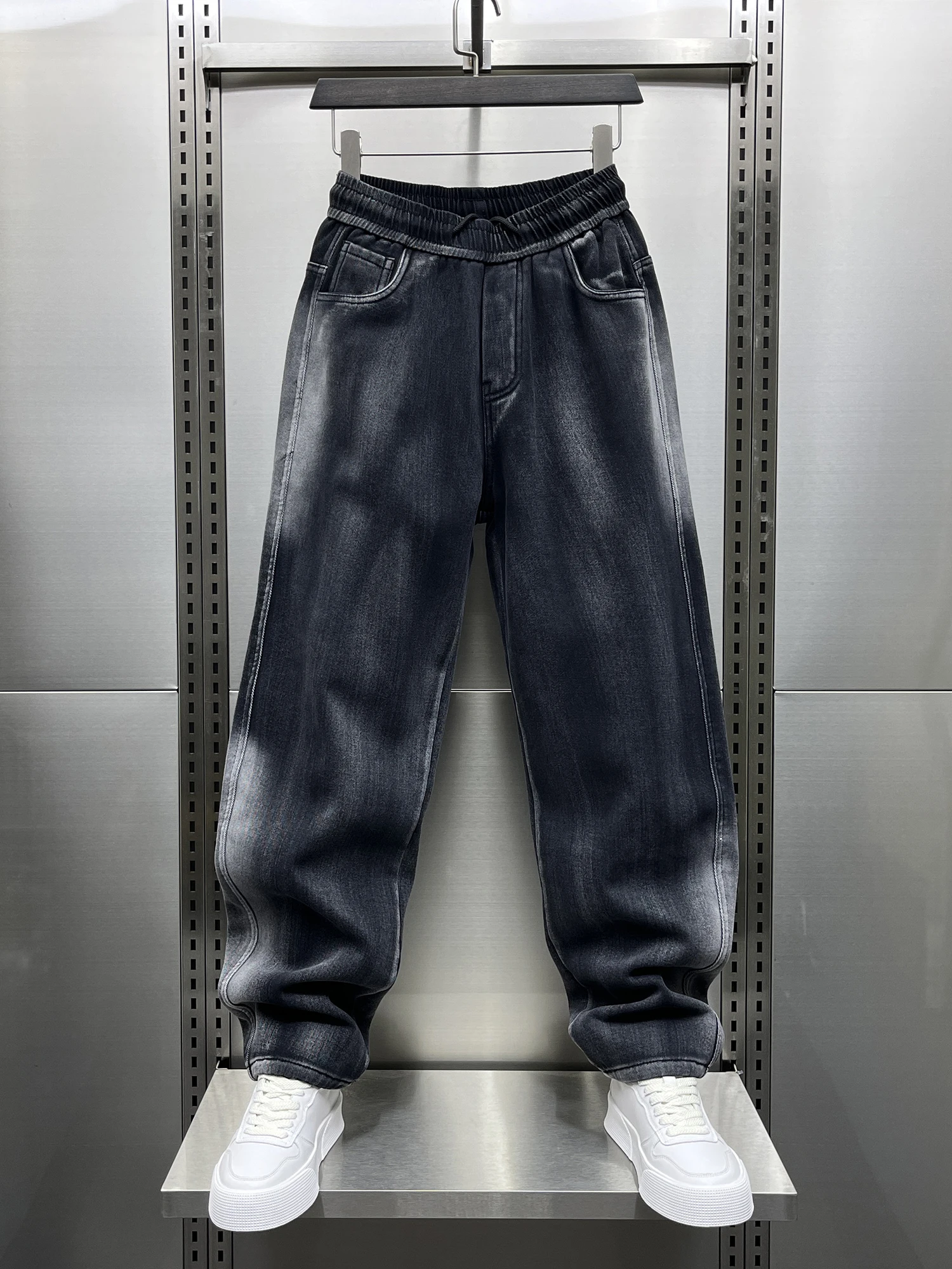 

Мужские джинсы Wenmi из денима с начесом, модные, с эффектом тай-дай, в американском стиле, широкие штанины, длиной в пол, для зимы