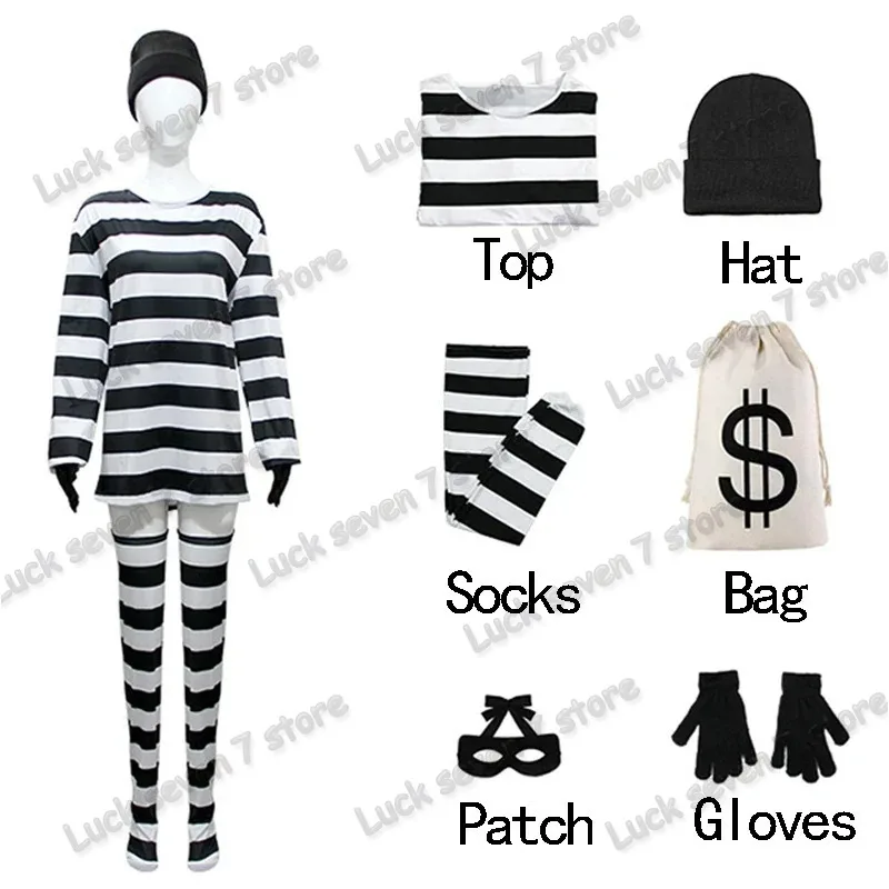 Thief Convict คอสเพลย์เครื่องแต่งกายผู้ใหญ่ผู้หญิง Stripe Top Stocking หมวกชุด Halloween Prisoner Carnival Party เครื่องแต่งกายชุด