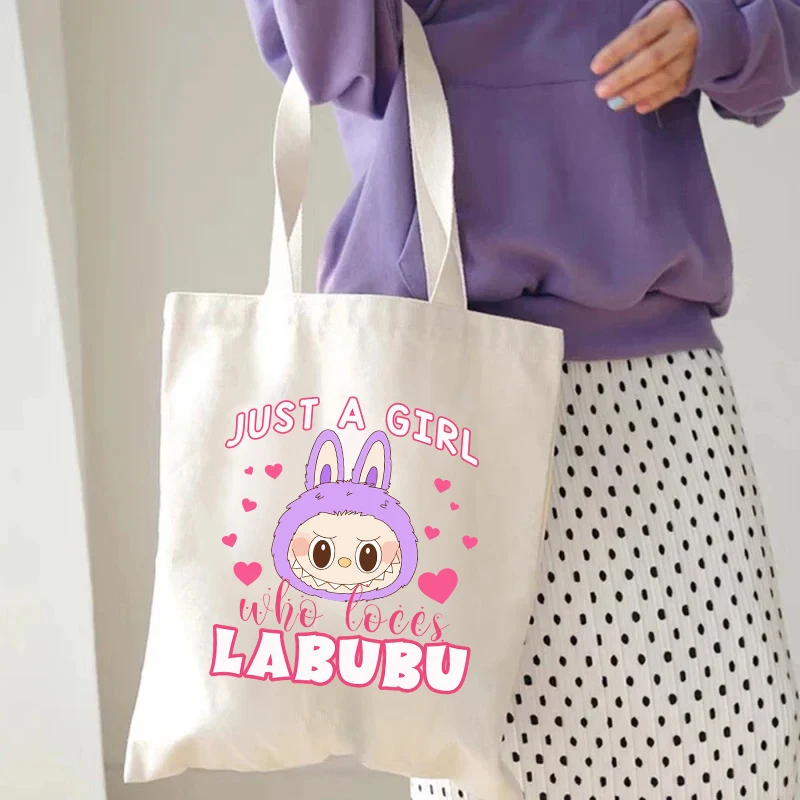 Cartoon Labubu Canvas Handbag Cute Mokoko Shopping Cloth Bags Forest Elf Print Women Totes Multi-Purpose Economical Reusable Bag