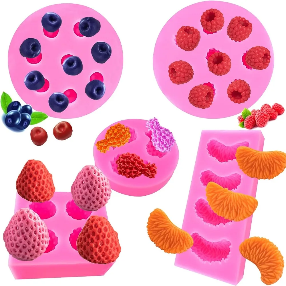 

5 Pieces Strawberry Fruit Shape Molds Orange Raspberry Silicone Molds Pineapple Blueberry 3D Fondant Molds for Cupcake Candy