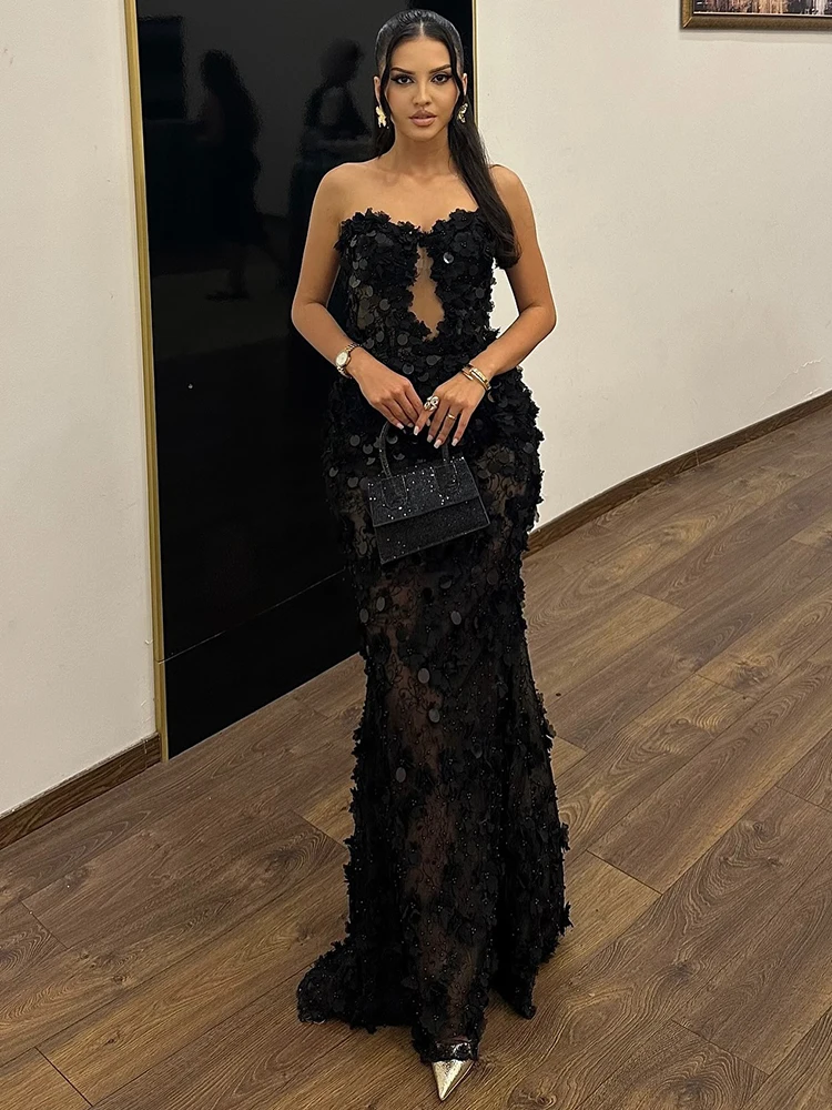 VC 魅惑的なブラック ストラップレス ノースリーブ スパンコール シアー フローラル カットアウト デザイン イブニング ドレス パーティー ディナー ドレス用