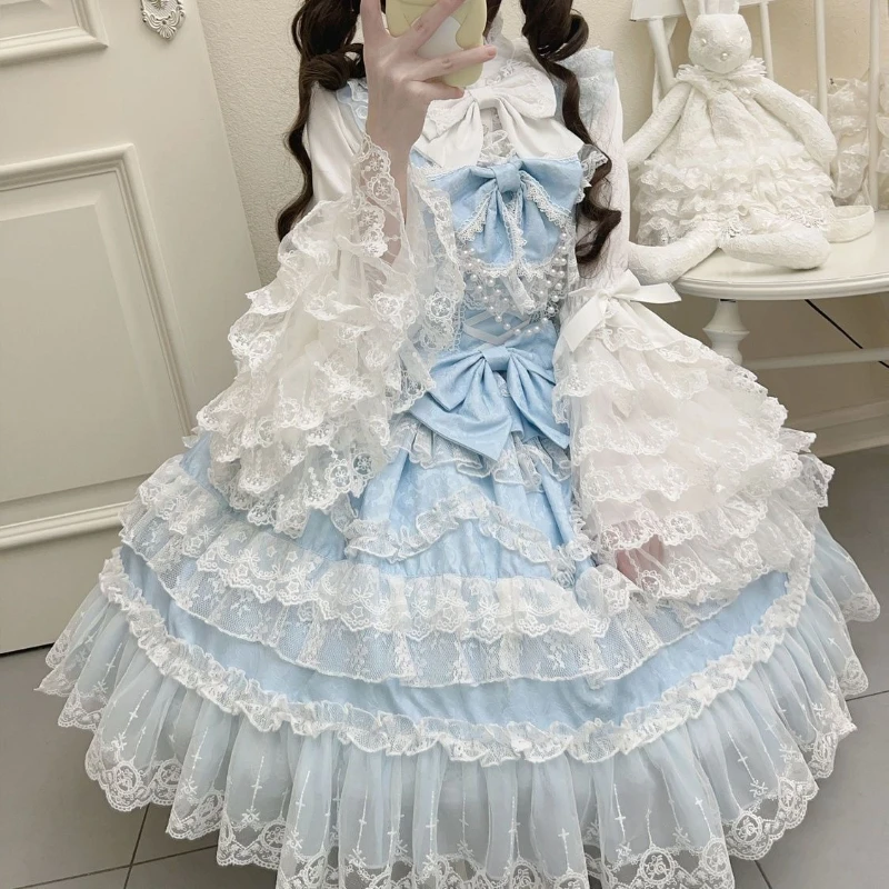Lolita Kawaii Y2k Langarm-Trägerkleid Japanisches Knielanges Damenkleid Elegantes Spitzen-Schleifen-Patchwork-Ballkleid Süß für Alle Jahreszeiten – Detail 3