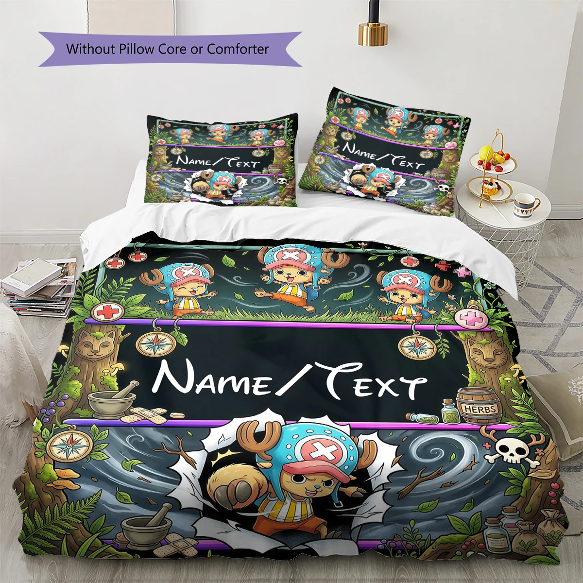 Funda de edredón suave y cómoda de One Piece's Chopper con nombre personalizado, tamaños disponibles con estampado (1 edredón + 2 fundas de almohada sin relleno), tamaños -HE93